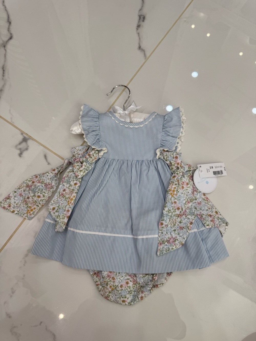Edgehill Collection Blue Stripe Dress with Floral Ruffle Bows